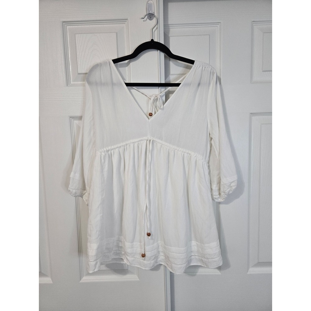 Mustard Seed White V-Neck Babydoll Blouse 3/4 Sleeve Lace Trim Boho Top Small
